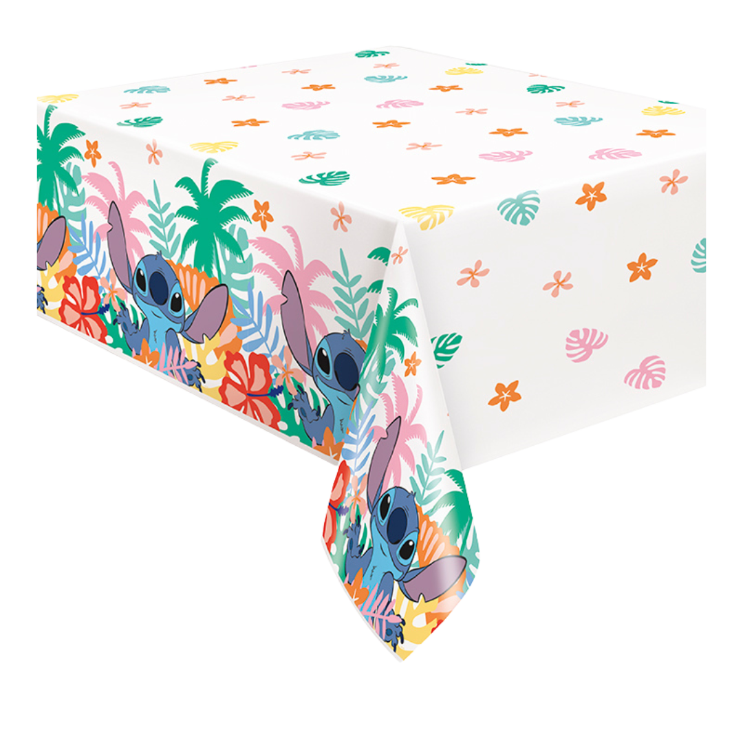 Colorful Stitch plastic table cover with tropical leaves for kids birthday from Parte Haus party supply store in Bethesda Maryland