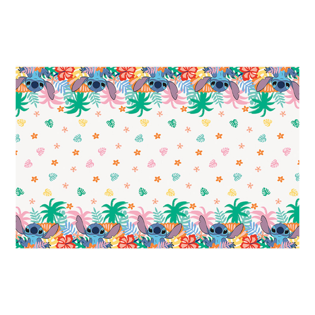 multicolor Stitch themed plastic table cover with tropical floral border birthday from Parte Haus party supply store in Bethesda MD