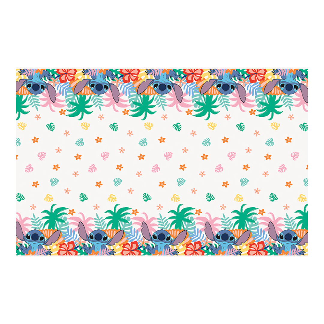 multicolor Stitch themed plastic table cover with tropical floral border birthday from Parte Haus party supply store in Bethesda MD