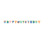 Colorful tropical happy birthday banner decoration for birthday parties from Parte Haus party supply store in Bethesda Maryland