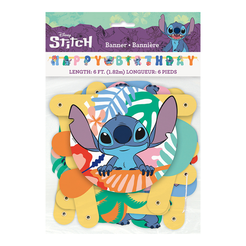 Blue Stitch birthday banner with tropical leaves for kids birthday from Parte Haus party supply store in Bethesda MD.