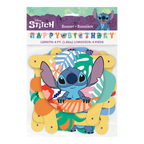 Blue Stitch birthday banner with tropical leaves for kids birthday from Parte Haus party supply store in Bethesda MD.