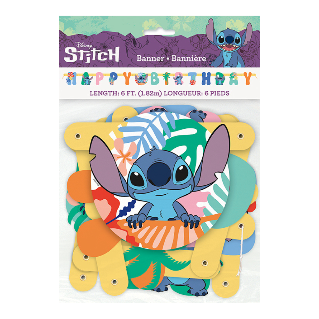 Blue Stitch birthday banner with tropical leaves for kids birthday from Parte Haus party supply store in Bethesda MD.
