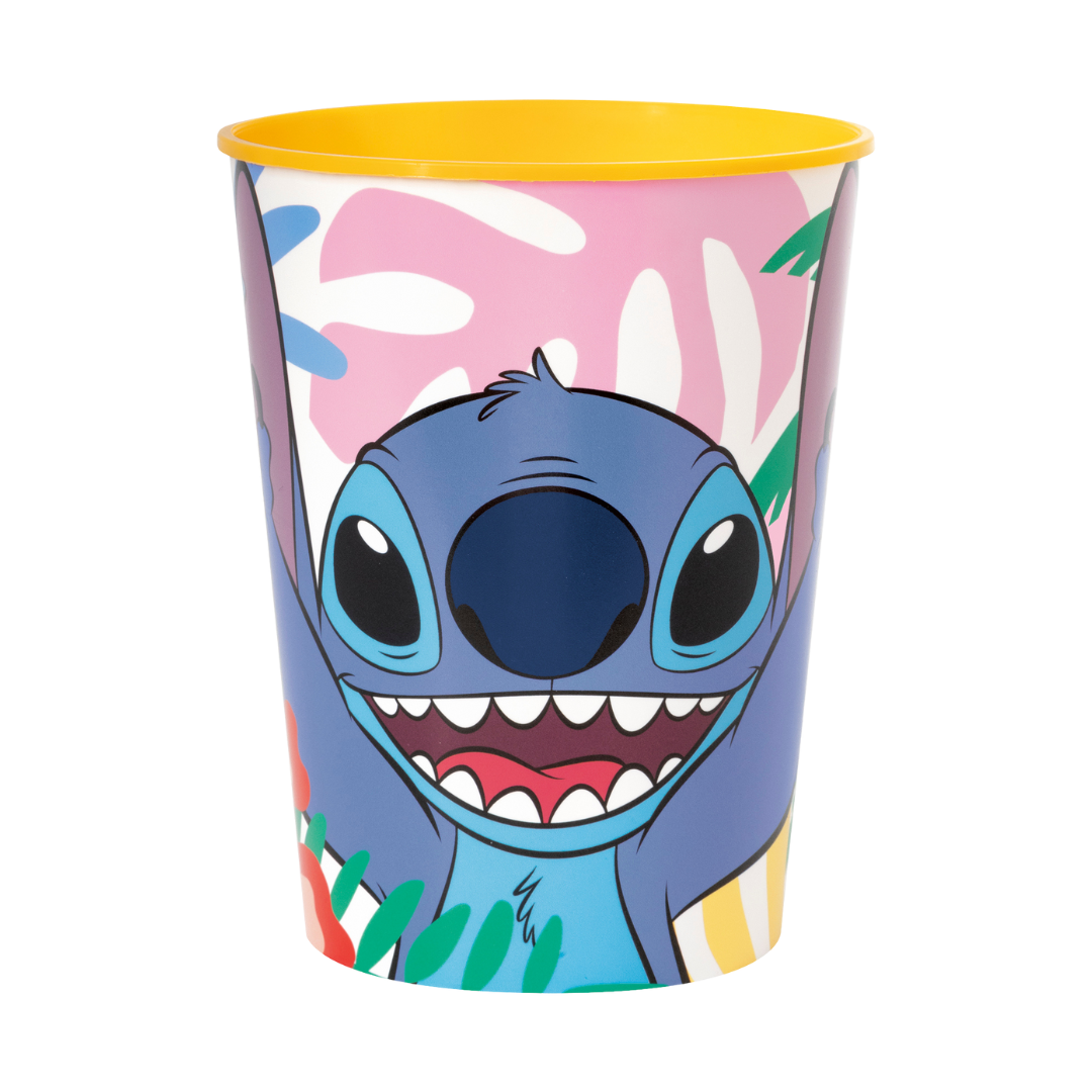 yellow and blue plastic Stitch character cup with smiling face for birthday from Parte Haus party supply store in Bethesda MD