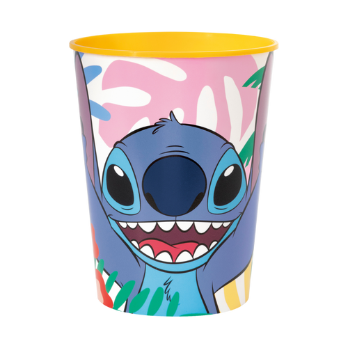 yellow and blue plastic Stitch character cup with smiling face for birthday from Parte Haus party supply store in Bethesda MD