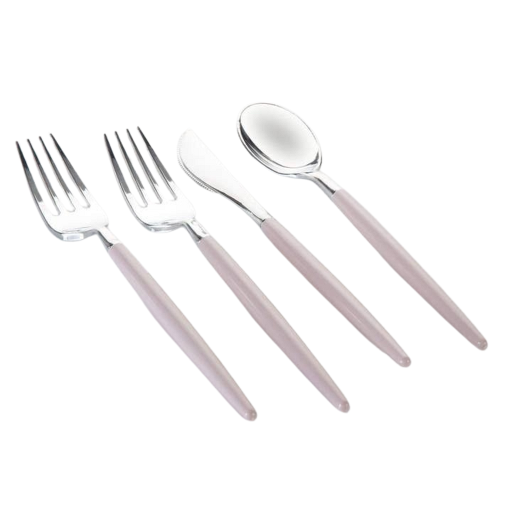Pink cutlery set with fork knife and spoon for dinner table from Parte Haus party supply store in Bethesda MD