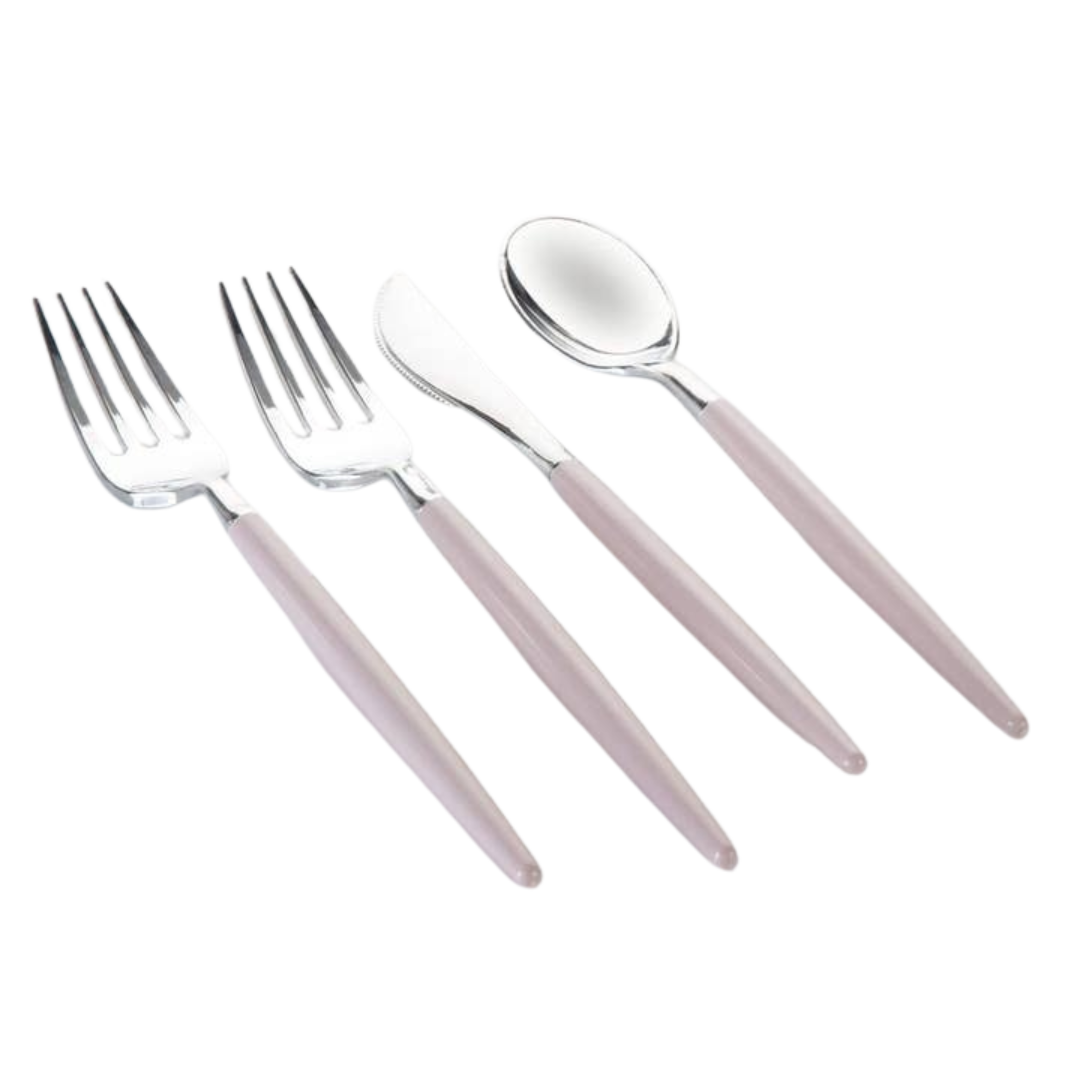 Pink cutlery set with fork knife and spoon for dinner table from Parte Haus party supply store in Bethesda MD