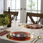 Gold and amber dinnerware set with wine glasses elegant table setting for dinner from Parte Haus party supply store in Bethesda MD.