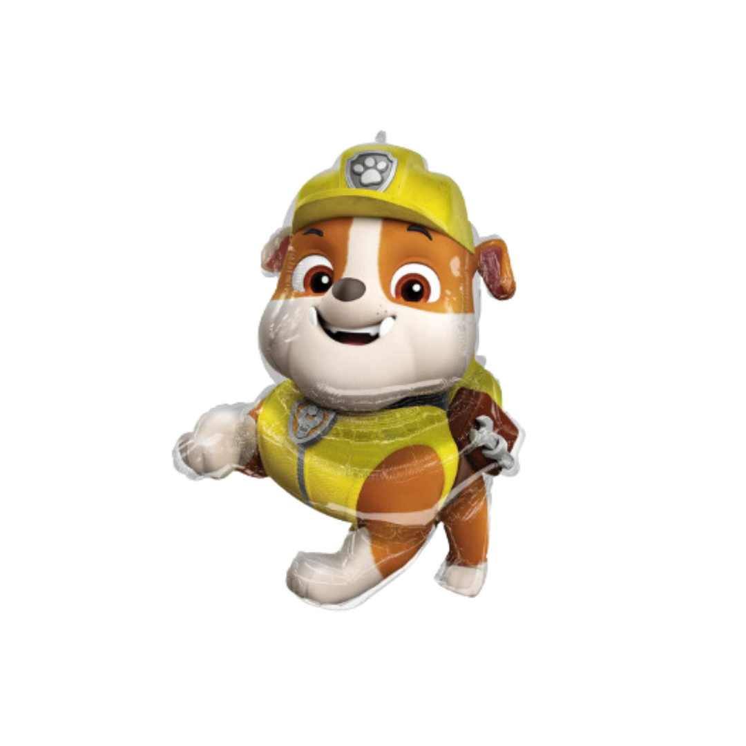 Yellow Paw Patrol Rubble foil balloon shaped like a cartoon puppy for kids birthday from Parte Haus party supply store in Bethesda MD