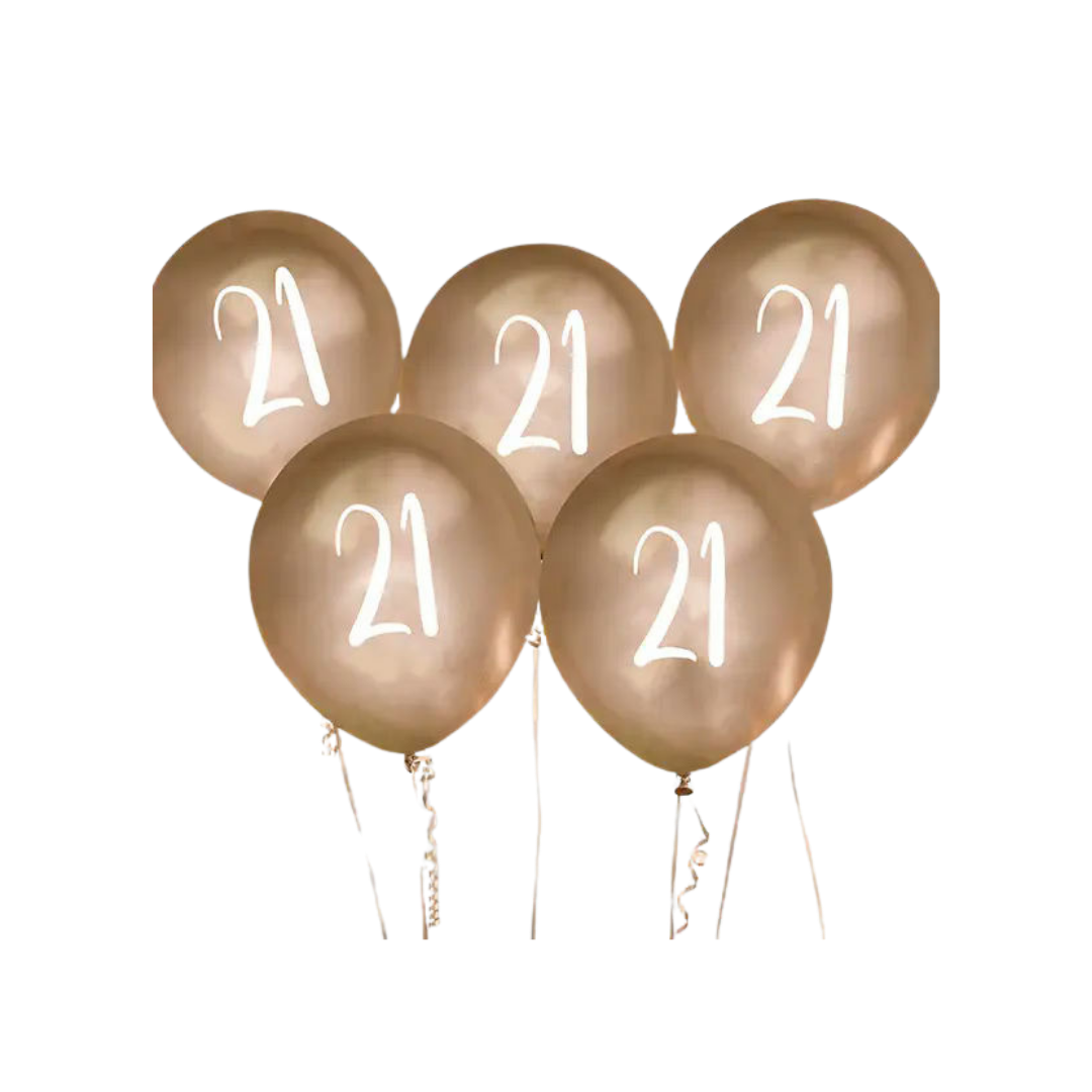 Gold birthday balloons with white number 21 for 21st birthday from Parte Haus party supply store in Bethesda Maryland