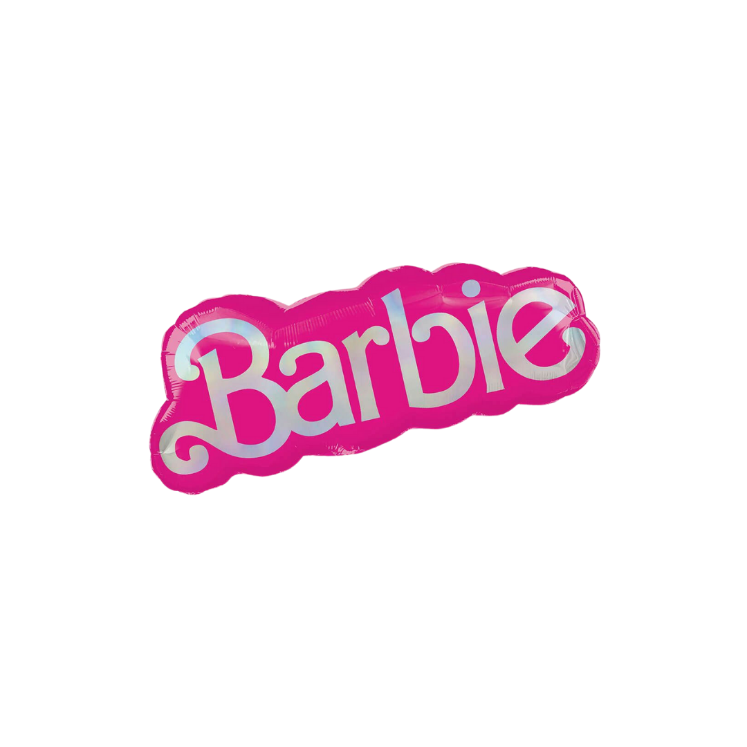 Pink Barbie foil balloon with bold logo decoration birthday theme from Parte Haus party supply store in Bethesda MD