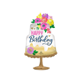 Satin multicolor floral birthday foil balloon shaped like a cake for birthdays from Parte Haus party supply store in Bethesda Maryland