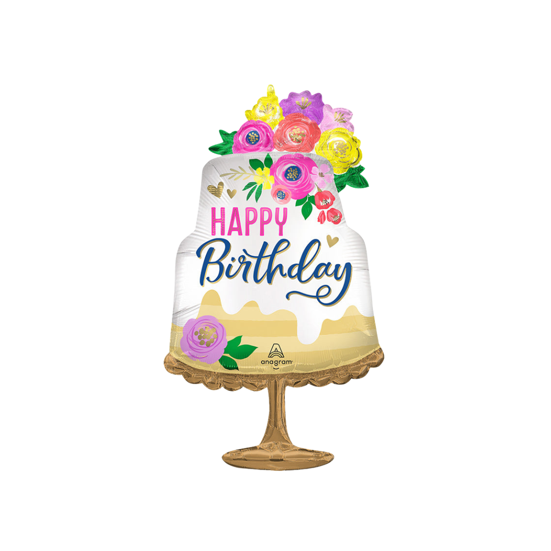 Satin multicolor floral birthday foil balloon shaped like a cake for birthdays from Parte Haus party supply store in Bethesda Maryland