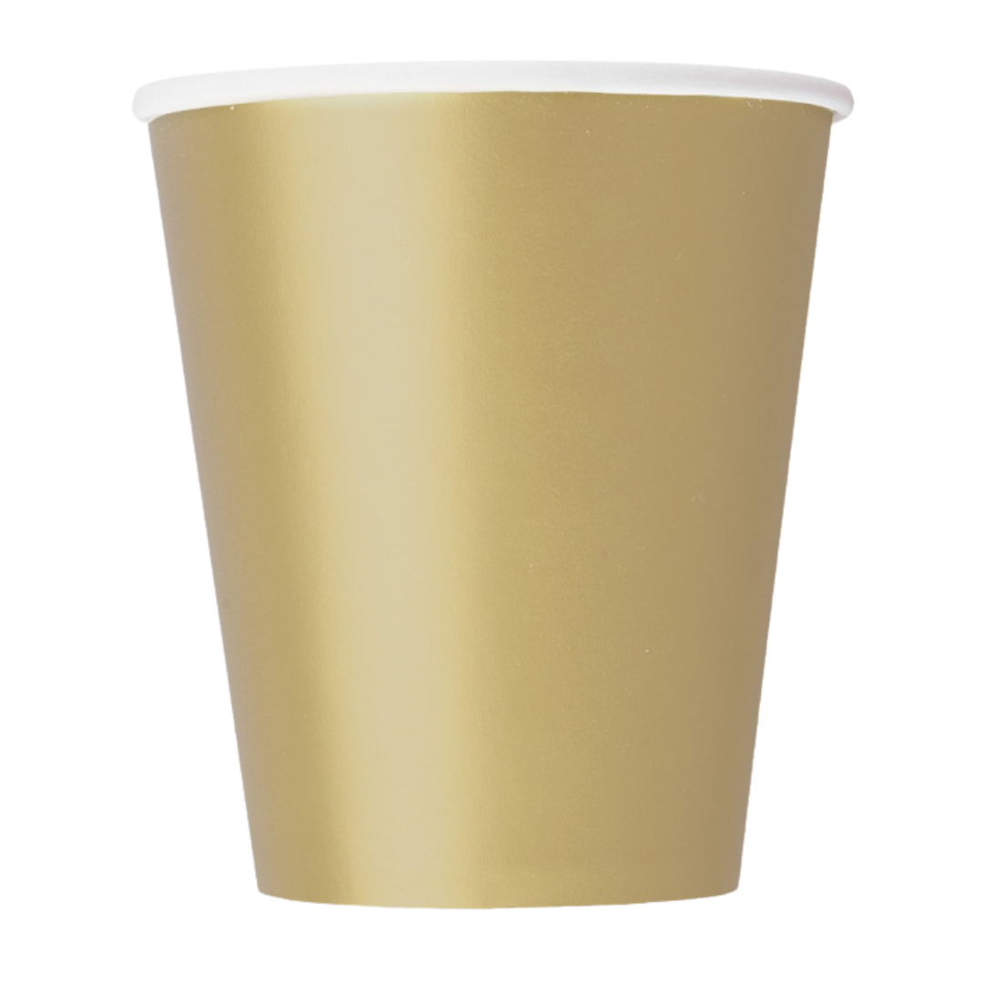 Gold paper cup shiny finish for birthday celebration from Parte Haus party supply store in Bethesda MD