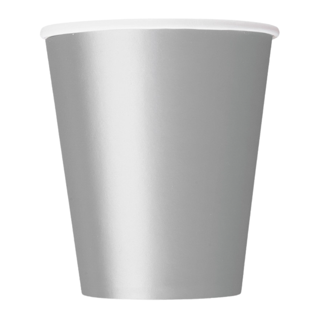Silver paper cup with white rim elegant tableware for celebration from Parte Haus party supply store in Bethesda MD.