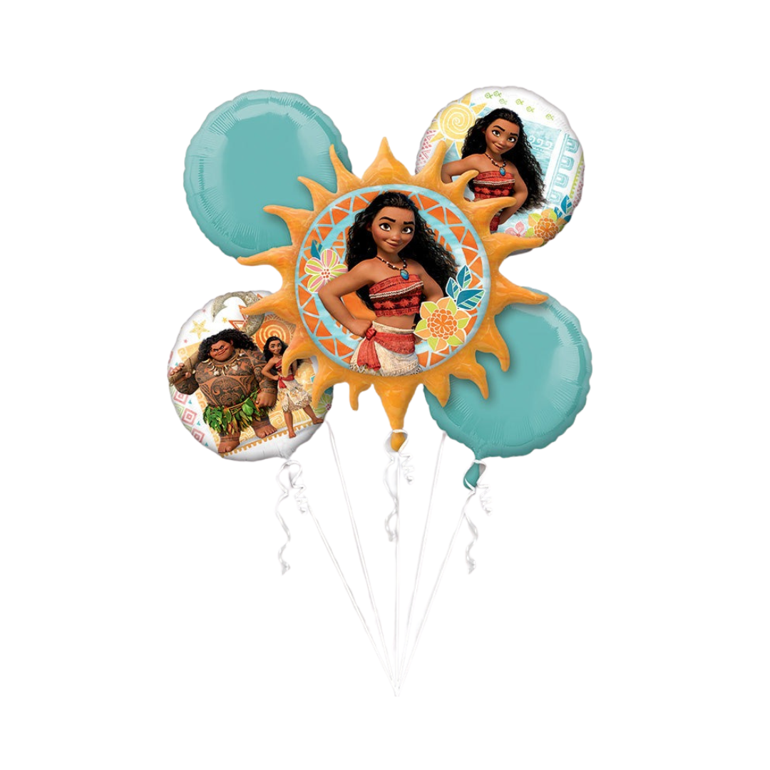 Blue and gold Moana balloon bouquet featuring Moana graphics for birthday from Parte Haus party supply store in Bethesda MD