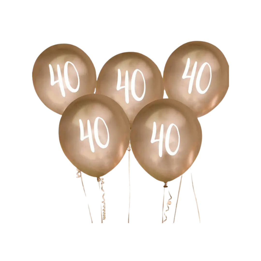 gold 40th birthday balloons with white number print milestone celebration from Parte Haus party supply store in Bethesda MD