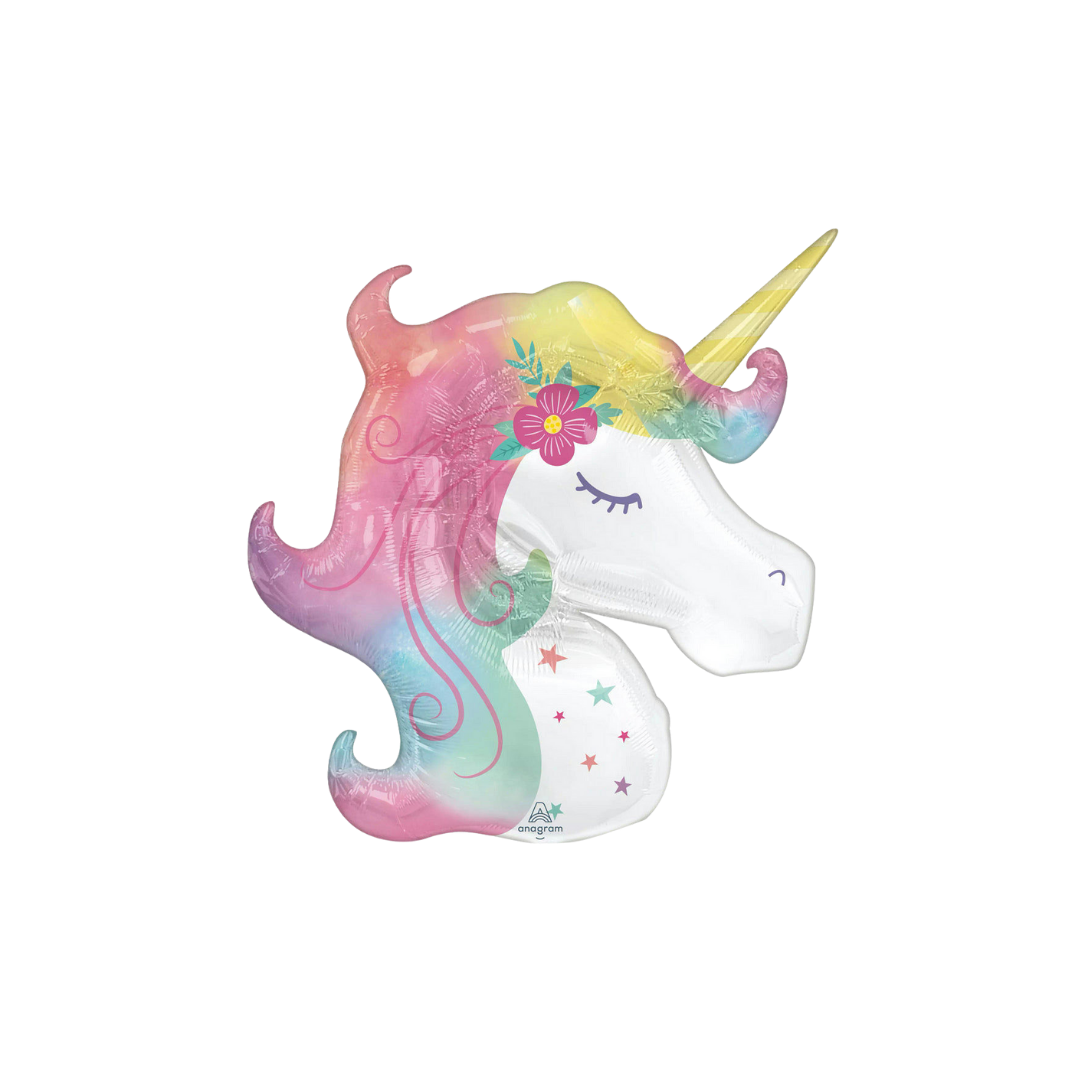 Rainbow unicorn foil balloon with floral accents birthday theme from Parte Haus party supply store in Bethesda Maryland