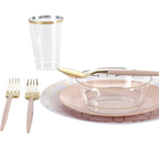 Pink gold dinnerware set with plates cups and cutlery for celebration from Parte Haus party supply store in Bethesda MD