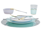 Mint green and white dinnerware set with gold utensils elegant tablescape from Parte Haus party supply store in Bethesda MD