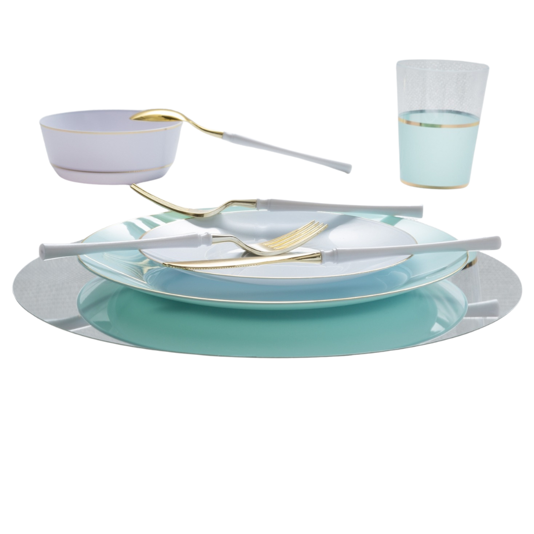 Mint green and white dinnerware set with gold utensils elegant tablescape from Parte Haus party supply store in Bethesda MD