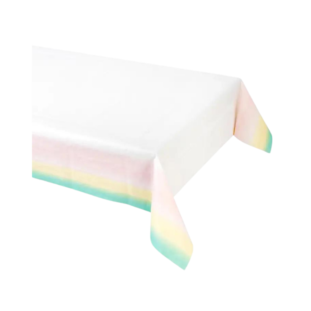 Pastel rainbow table cover with soft edge colors for birthdays from Parte Haus party supply store in Bethesda MD