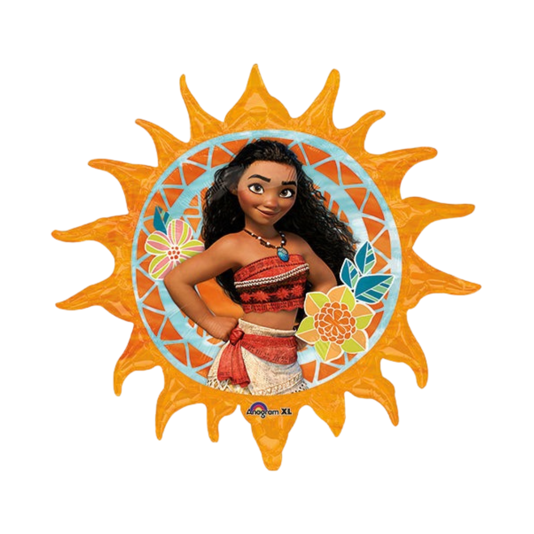 Orange Moana balloon showing Moana in a sunburst shape birthday theme from Parte Haus party supply store in Bethesda MD