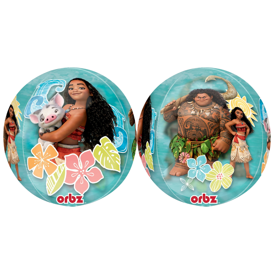Blue Moana balloon with floral prints and Moana characters for kids birthday from Parte Haus party supply store in Bethesda MD