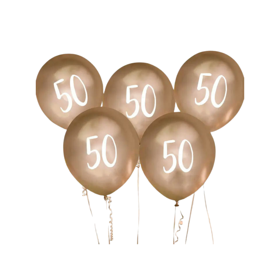 Gold 50th birthday balloons metallic latex for milestone celebration from Parte Haus party supply store in Bethesda MD