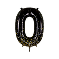 Black holographic number 0 foil balloon with gold and silver dots birthday decoration from Parte Haus party supply store in Bethesda MD