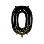 Black holographic number 0 foil balloon with gold and silver dots birthday decoration from Parte Haus party supply store in Bethesda MD