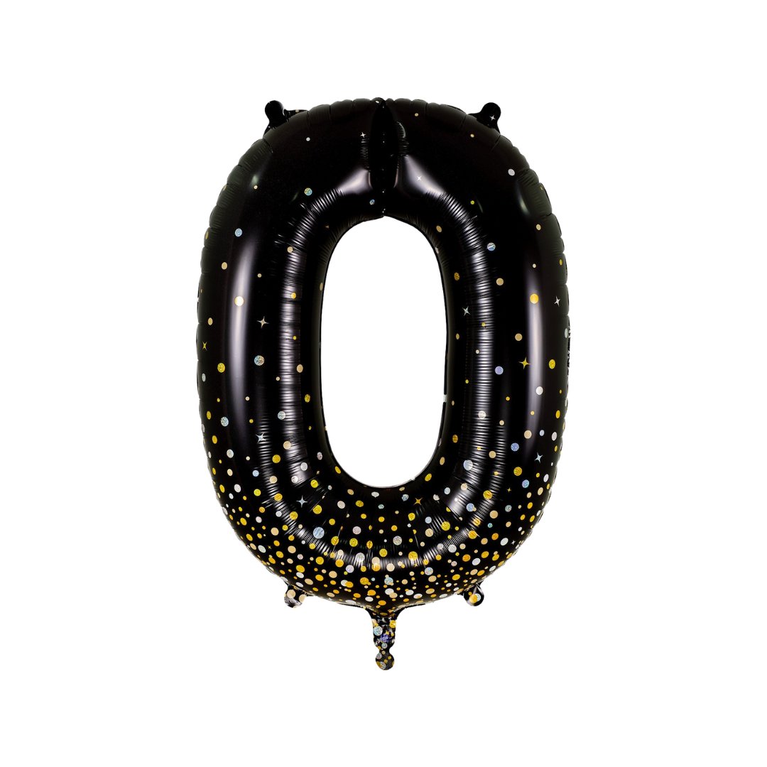 Black holographic number 0 foil balloon with gold and silver dots birthday decoration from Parte Haus party supply store in Bethesda MD