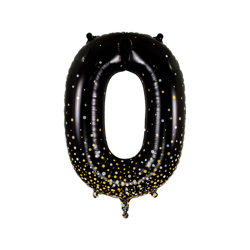 Black holographic number 0 foil balloon with gold and silver dots birthday decoration from Parte Haus party supply store in Bethesda MD