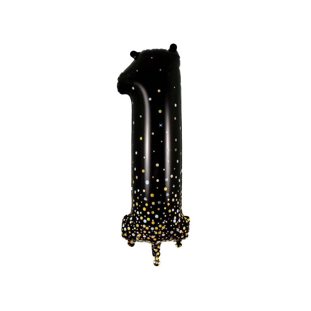 Black holographic number 1 foil balloon with gold dots birthday theme from Parte Haus party supply store in Bethesda MD