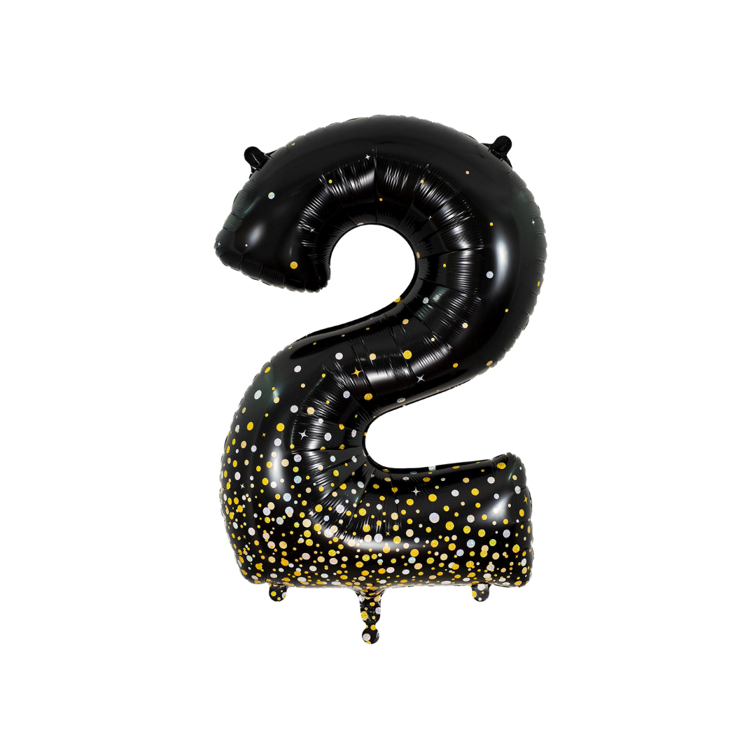 Black holographic number 2 foil balloon with gold dots birthday from Parte Haus party supply store in Bethesda MD