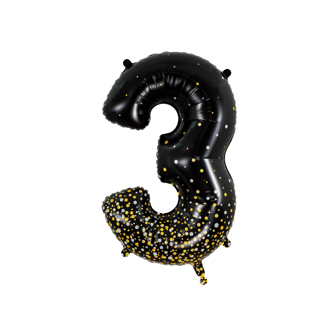 Black holographic number 3 foil balloon with gold dots birthday theme from Parte Haus party supply store in Bethesda MD