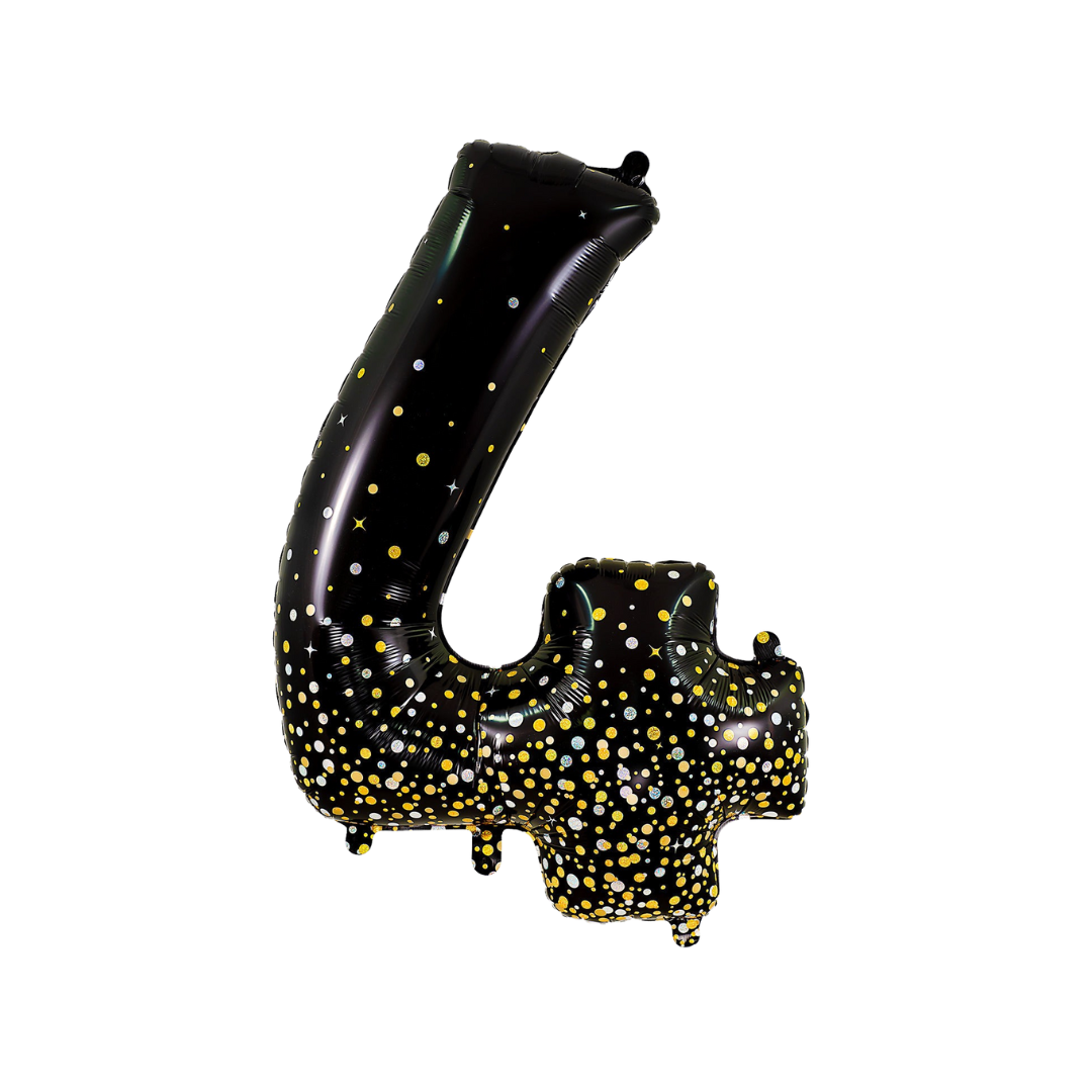 Black holographic number 4 foil balloon with gold and silver dots for birthdays from Parte Haus party supply store in Bethesda MD
