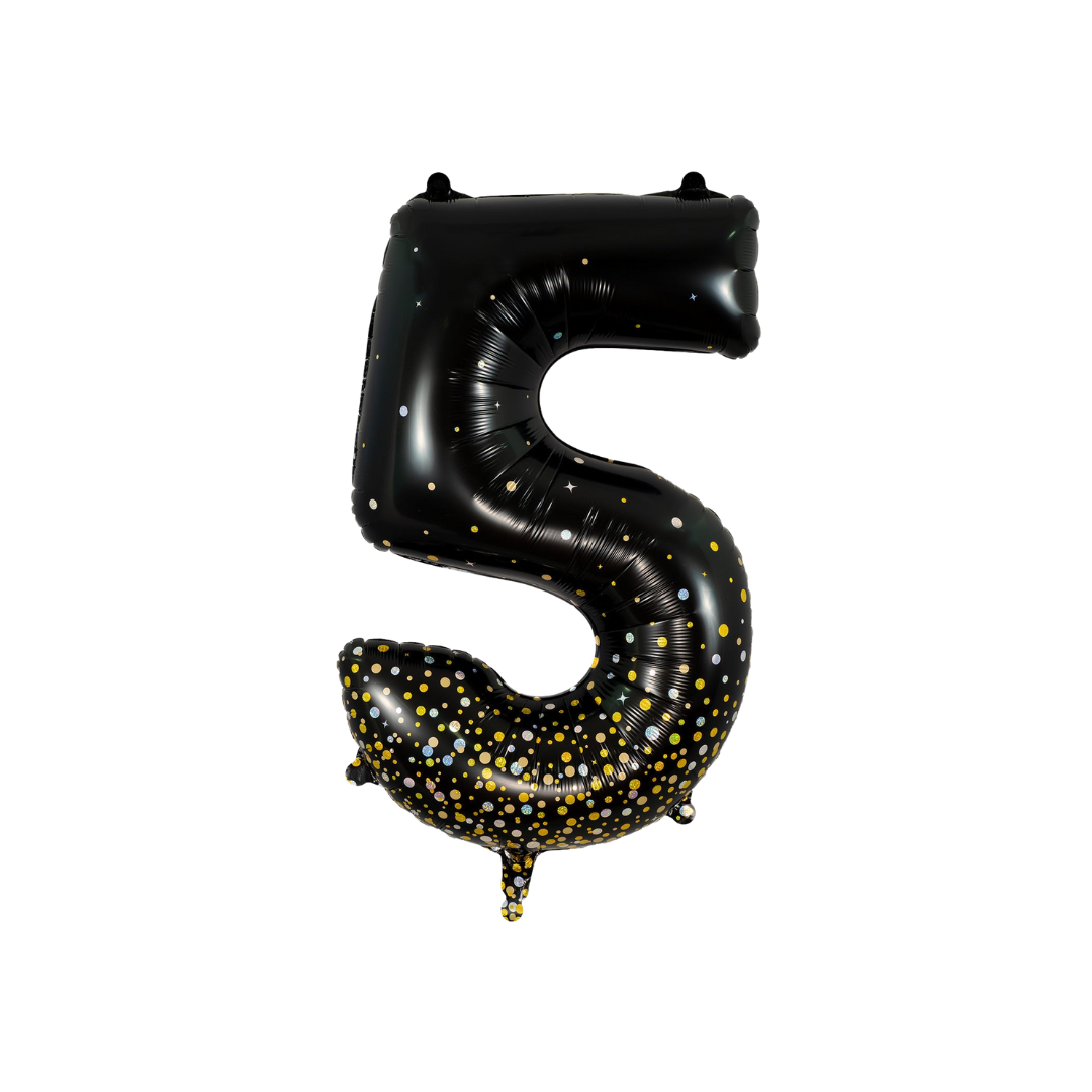 Black number 5 holographic foil balloon for birthday celebrations from Parte Haus party supply store in Bethesda MD