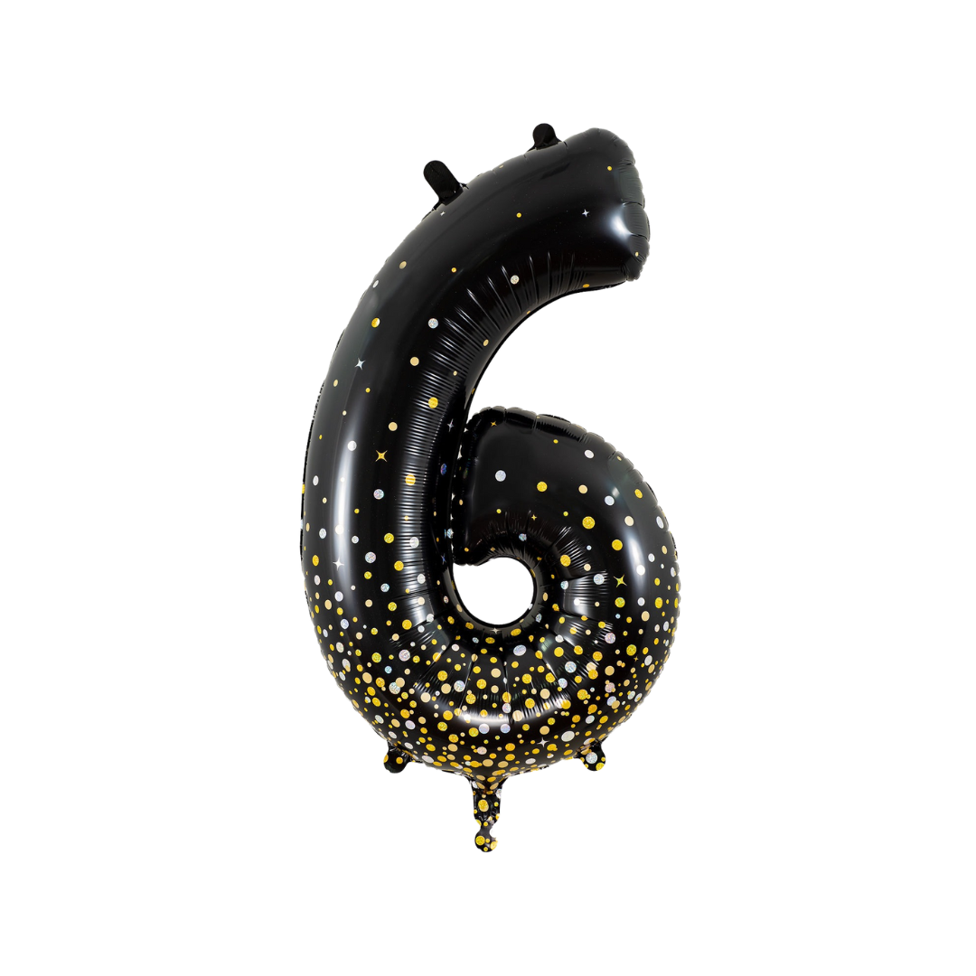 Black number 6 holographic foil balloon with gold and white dots birthday from Parte Haus party supply store in Bethesda MD