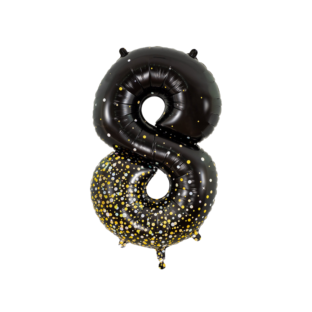 Black number 8 foil balloon with gold and silver dots birthday decor from Parte Haus party supply store in Bethesda MD