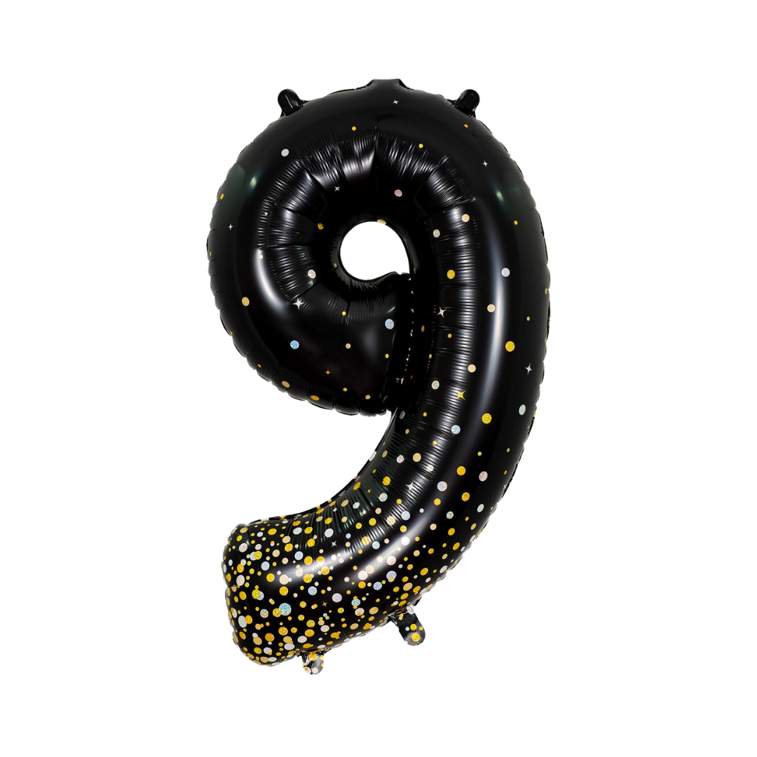 Black holographic number 9 foil balloon with gold dots birthday from Parte Haus party supply store in Bethesda Maryland