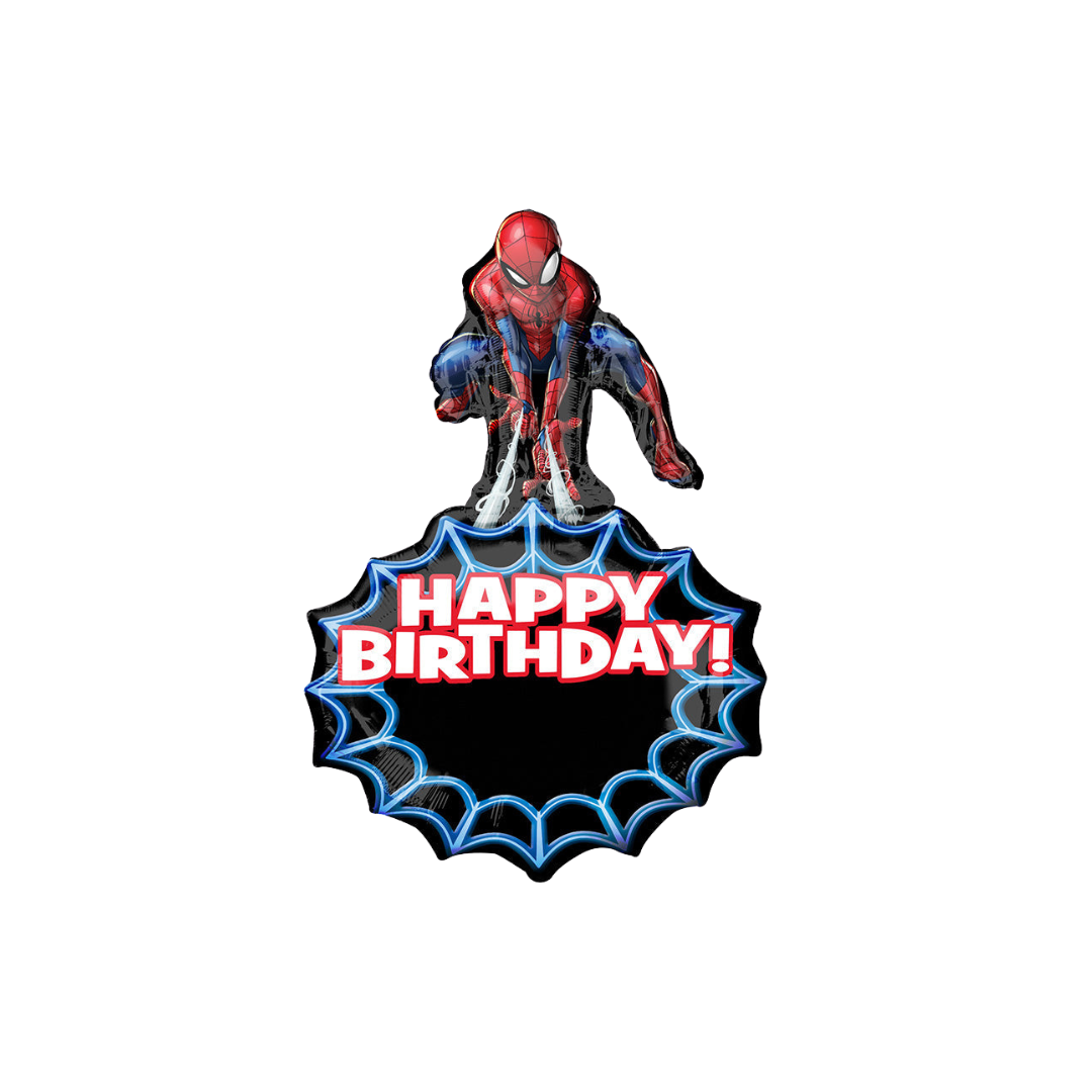Red blue Spider-Man balloon with Happy Birthday text superhero birthday theme from Parte Haus party supply store in Bethesda MD.