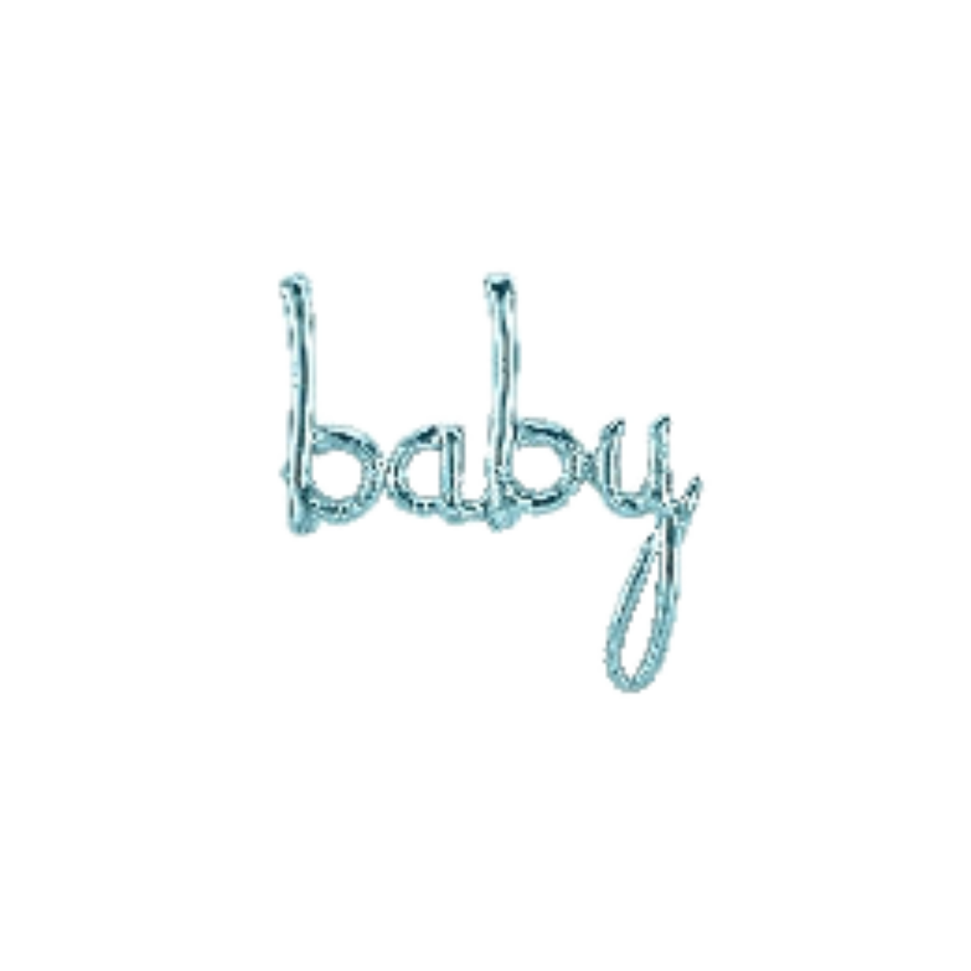 pastel blue script baby balloon stylish foil decor for baby shower from Parte Haus party supply store in Bethesda MD