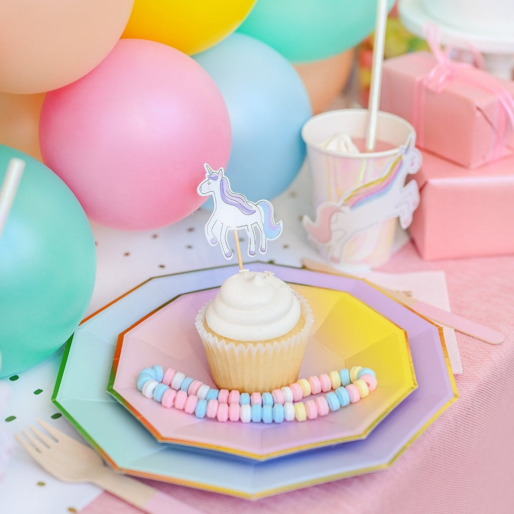 Pastel unicorn cupcake and plates kids birthday theme from Parte Haus party supply store in Bethesda Maryland