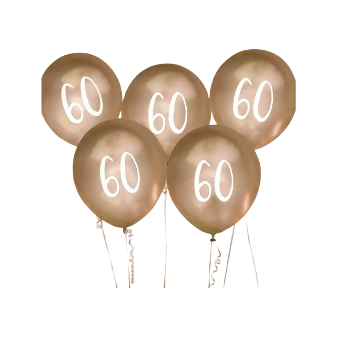 Gold 60th birthday balloons with white number print for milestone celebration from Parte Haus party supply store in Bethesda MD