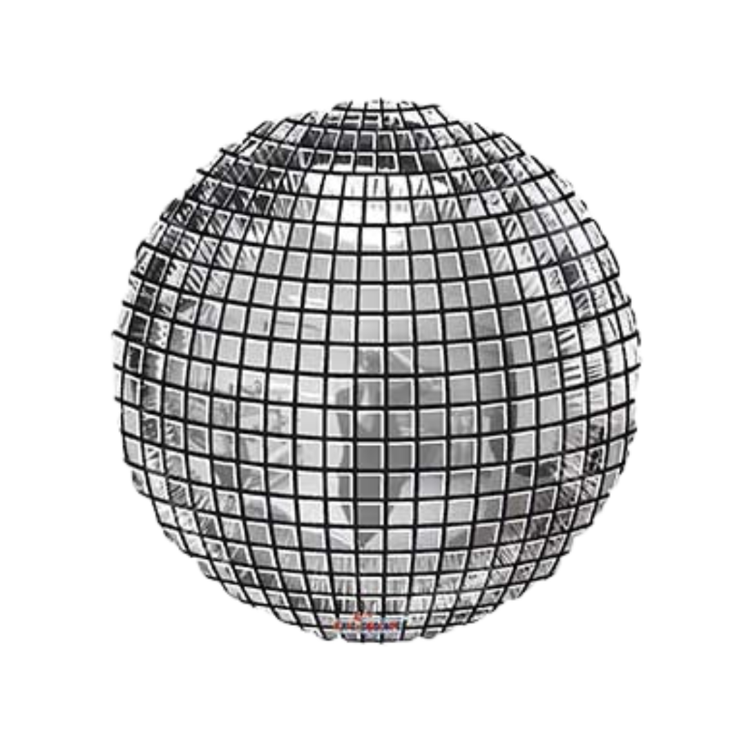 Silver disco ball reflective decor for dance party theme from Parte Haus party supply store in Bethesda MD.