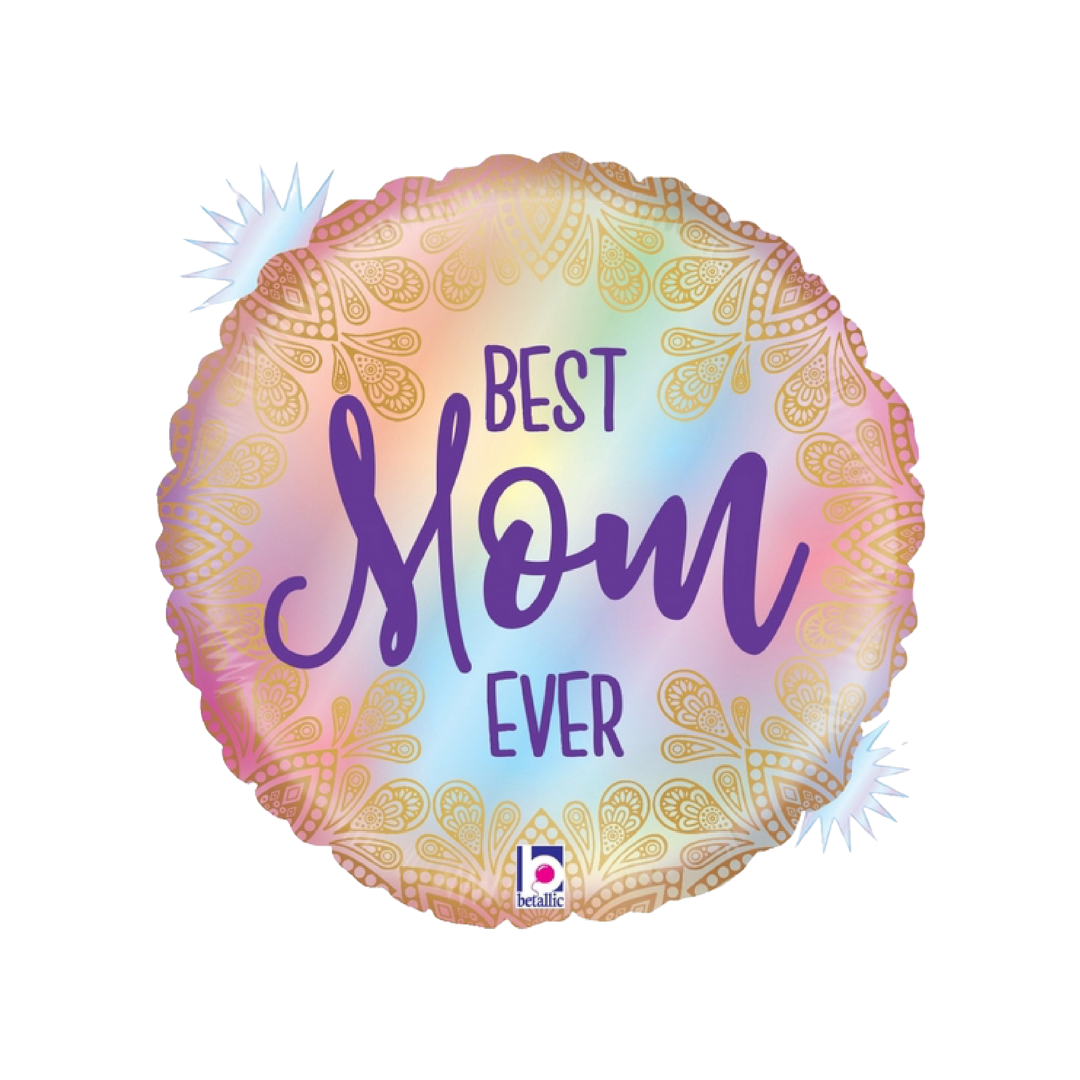 Pastel round Best Mom Ever balloon with gold floral design for Mother's Day from Parte Haus party supply store in Bethesda MD