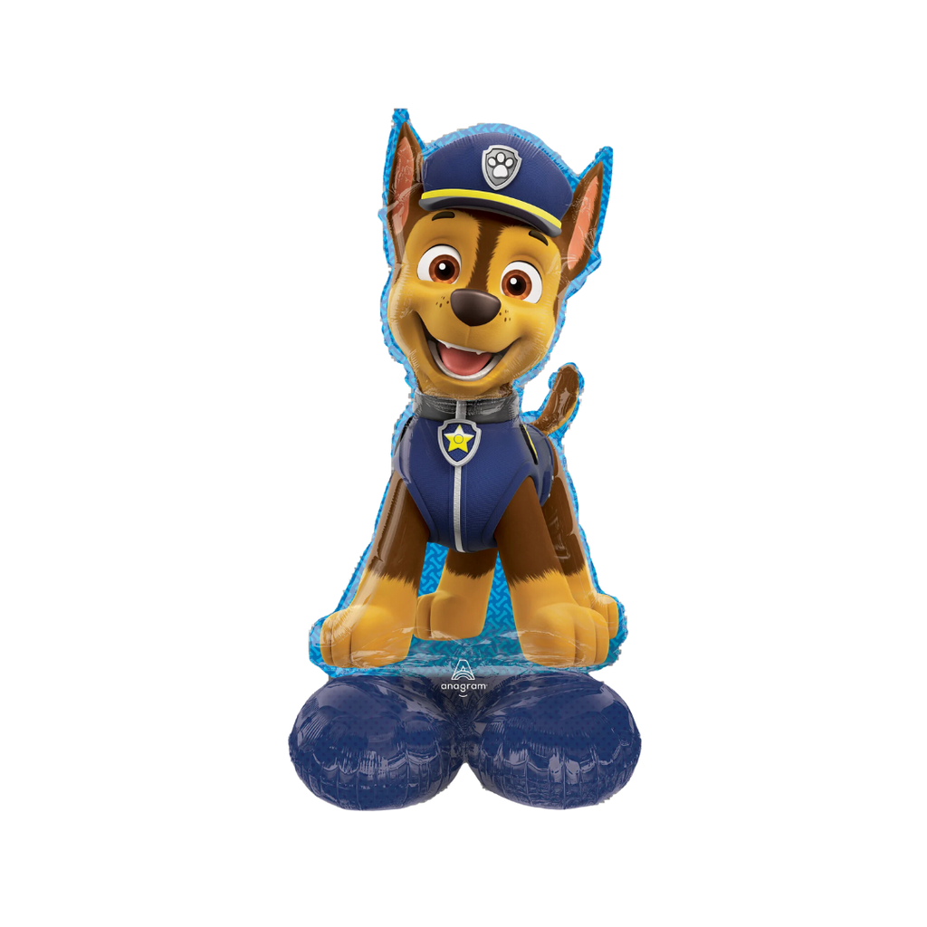 Blue Paw Patrol foil balloon shaped like Chase for kids birthday from Parte Haus party supply store in Bethesda MD