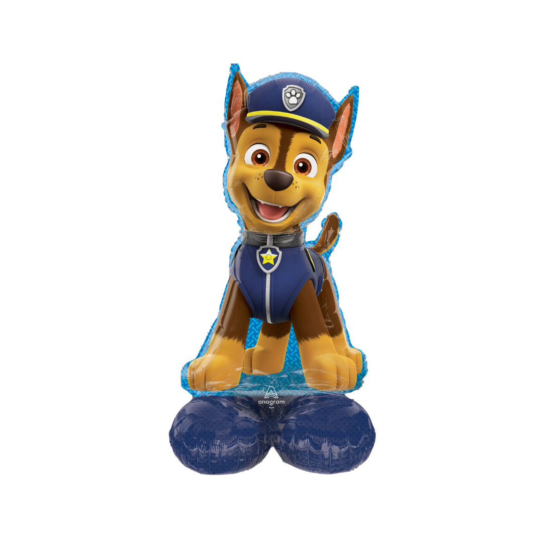 Blue Paw Patrol foil balloon shaped like Chase for kids birthday from Parte Haus party supply store in Bethesda MD