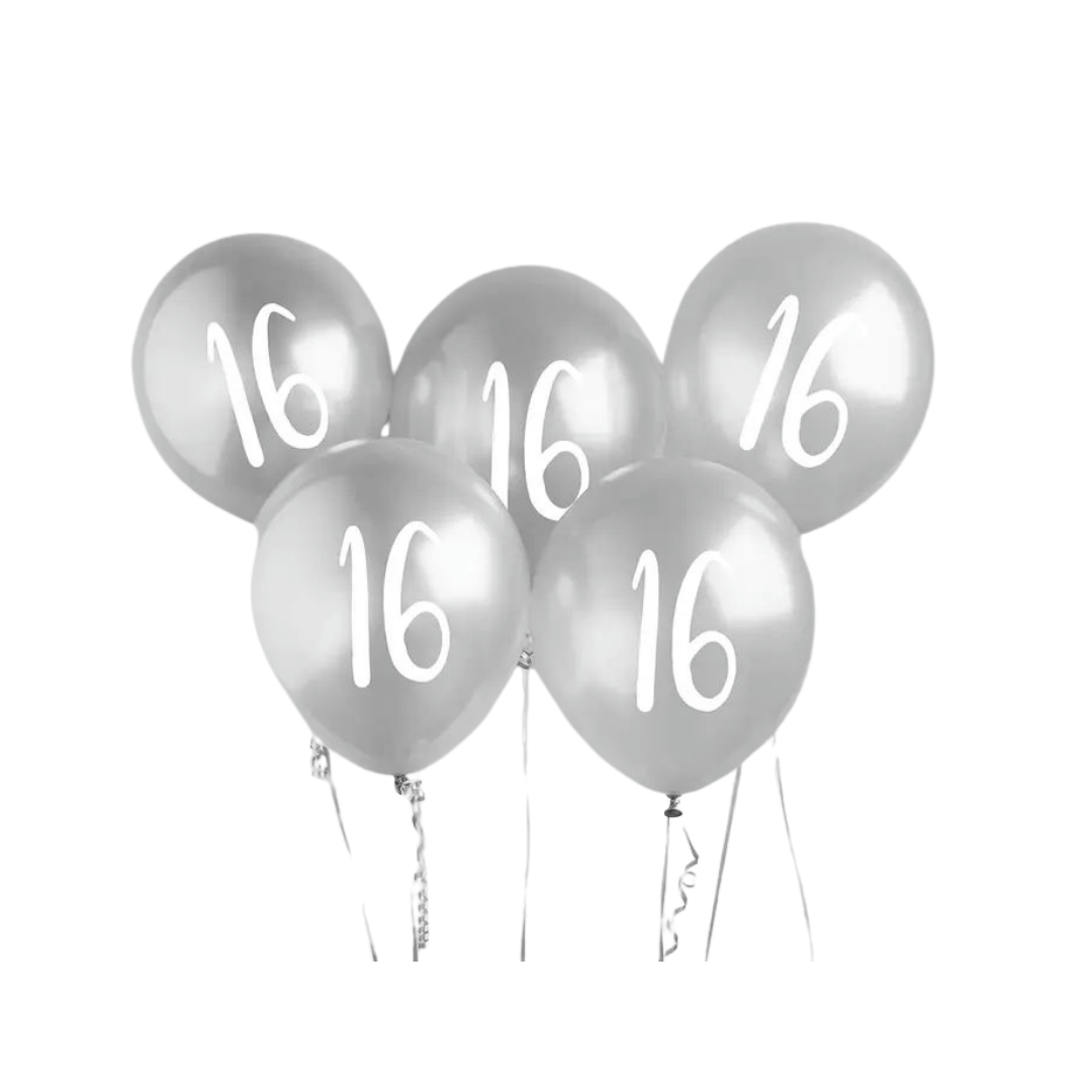 Silver number 16 balloons for sweet sixteen birthday celebration from Parte Haus party supply store in Bethesda Maryland